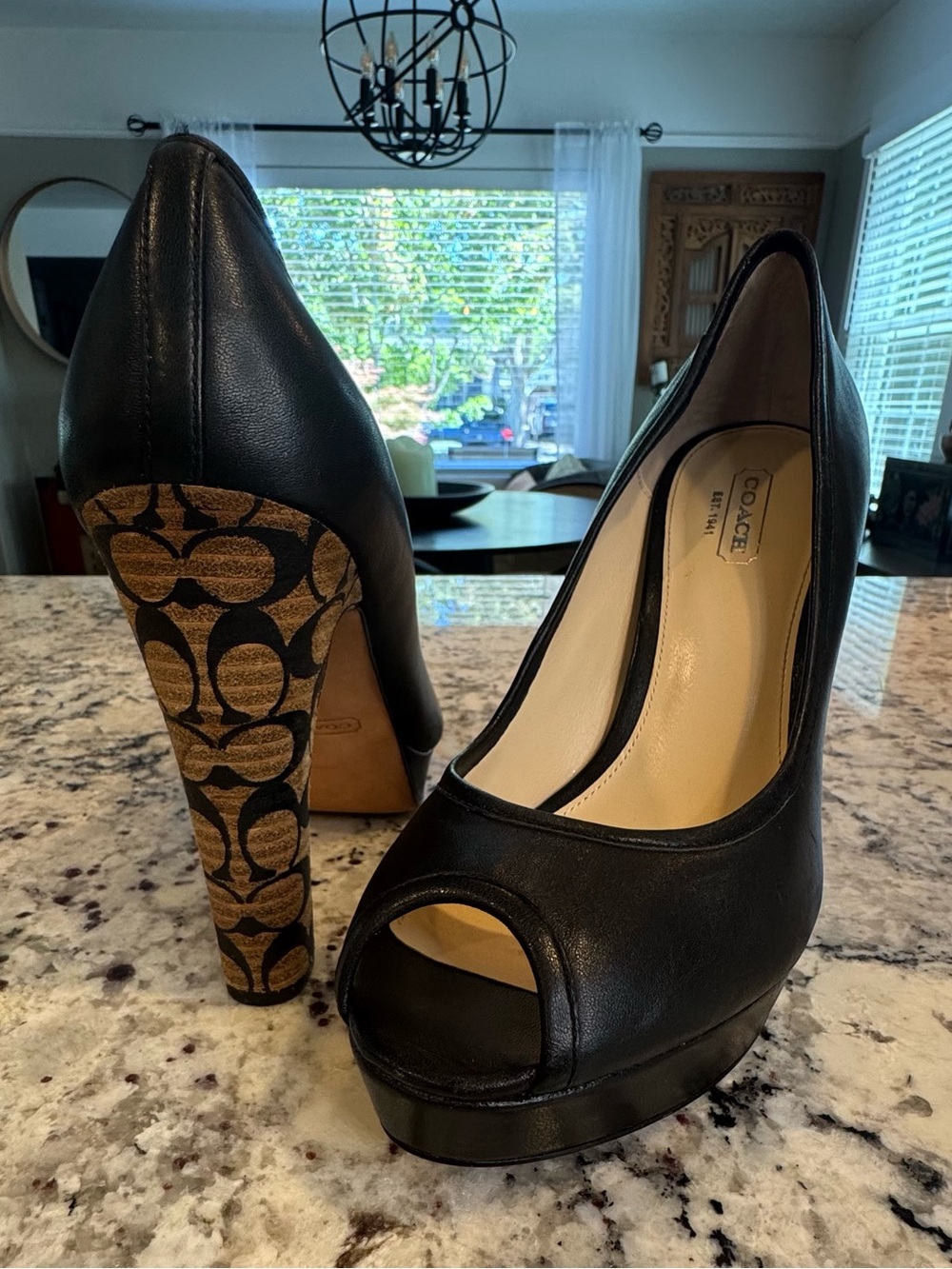 Coach Black Leather Breana style  Peep-Toe Heels with Signature Monogram Heel